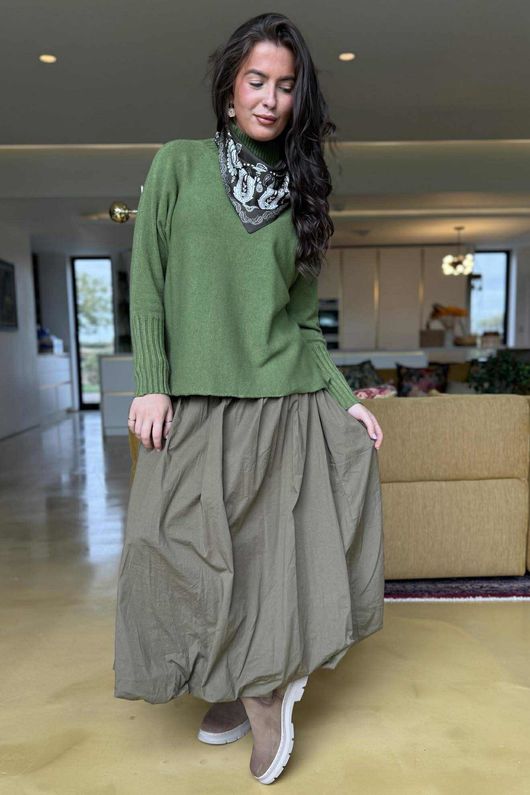 Paloma Bubble Hem Midi Skirt Deep Olive